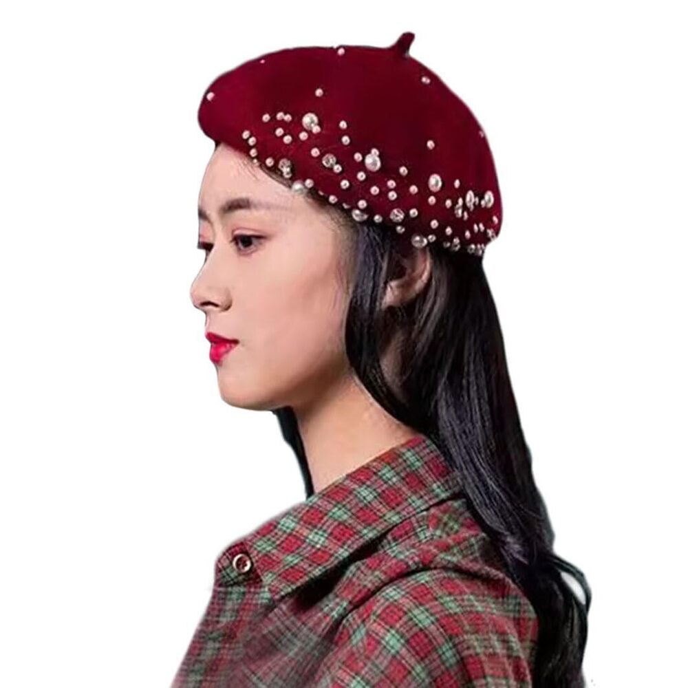 3329 Women Girls Beaded Pearl Rhinestone Wool French Beret Hat Winter Artist